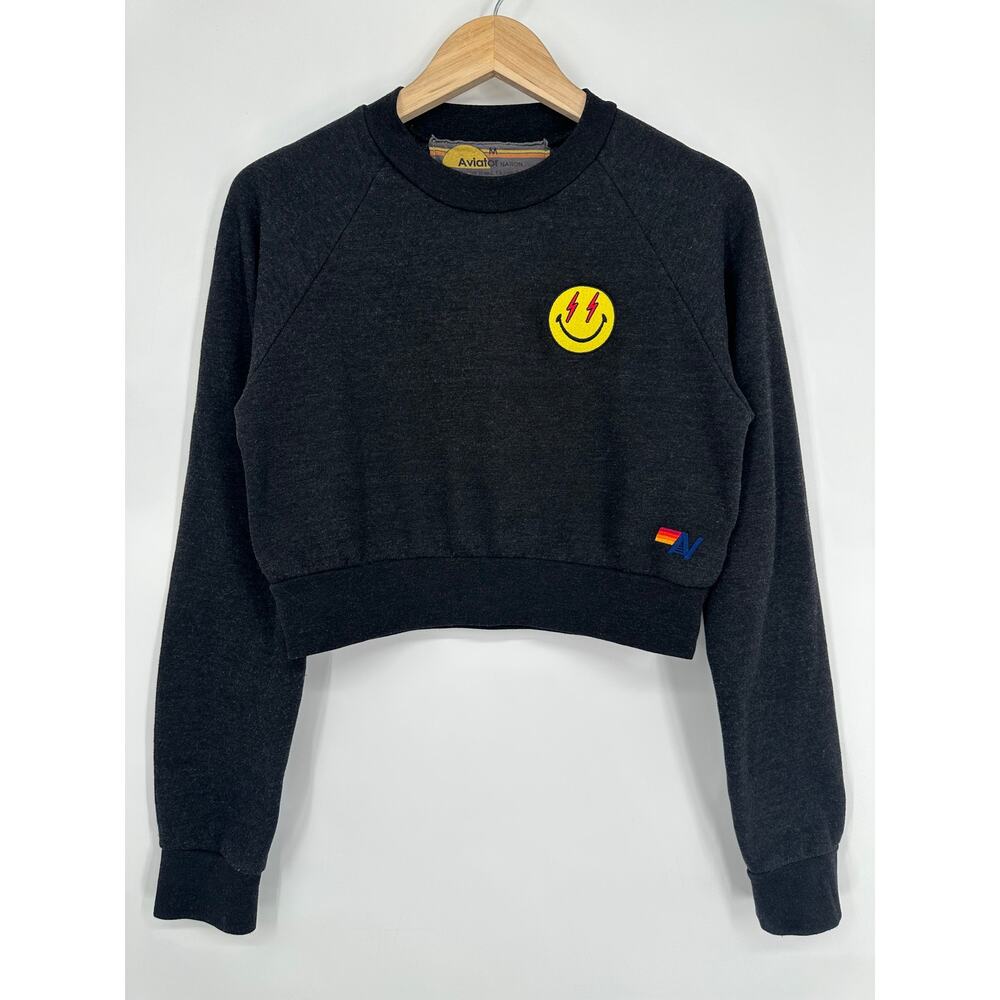 Aviator Nation Smiley Face Patch Cropped Sweatshirt Lightning Bolt Logo Pullover - Picture 2 of 11